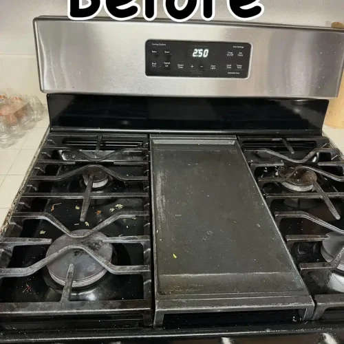 A gas stovetop with heavy grime buildup before a Lumiora deep cleaning visit