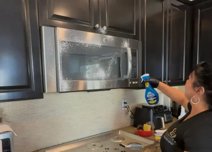 Lumiora team member cleaning a stainless steel microwave in a client kitchen